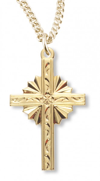 Women's 14kt Gold Over Sterling Silver Starburst Etching Cross Necklace + 18" Gold Plated Chain &amp; Clasp - Gold-tone