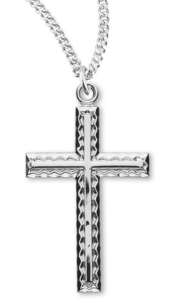 Women's Sterling Silver Etched Cross Necklace with Inlay with Chain Options - 20" 2.2mm Stainless Steel Chain with Clasp