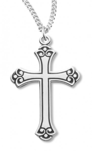 Cross Necklace Fancy Black Etched Enameled, Sterling Silver with Chain - 20" 1.8mm Sterling Silver Chain + Clasp