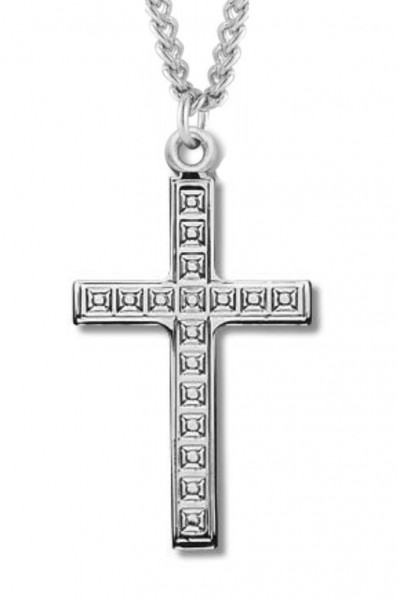 Women's Sterling Silver Cross Necklace with Cubed Etching with Chain Options - 18" 2.2mm Stainless Steel Chain + Clasp