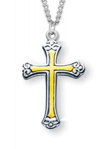 Women's Sterling Silver Two Tone Floral Tipped Cross Necklace with Chain Options - 20" 2.2mm Stainless Steel Chain with Clasp