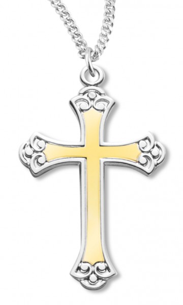 Cross Necklace Two Tone, Sterling Silver with Chain - 18" 2.2mm Stainless Steel Chain + Clasp