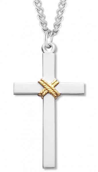 Men's Sterling Silver Cross Necklace with Gold Rope Center with Chain Options - 24" Sterling Silver Chain + Clasp