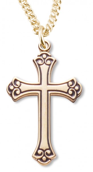 Women's 14kt Gold Plated Fleur De Lis Tip Cross Black Enamel + 18 Inch Gold Plated Chain &amp; Clasp - Gold-tone