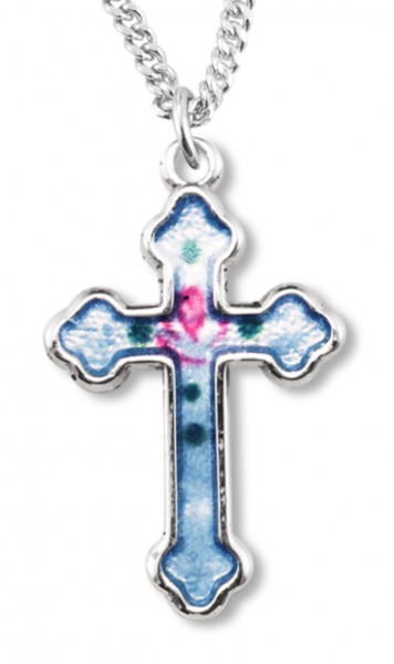 Women's Sterling Silver Blue Enamel Cross Necklace with Floral Design with Chain Options - 18" 1.8mm Sterling Silver Chain + Clasp