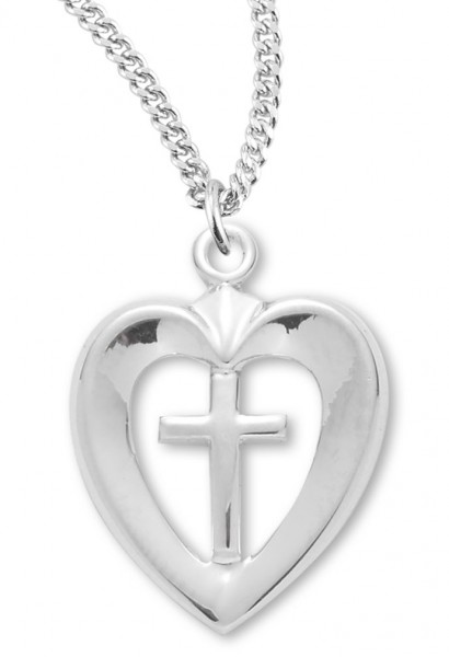Women's Sterling Silver Open Heart Necklace with Cross Center with Chain Options - 18" 2.2mm Stainless Steel Chain + Clasp