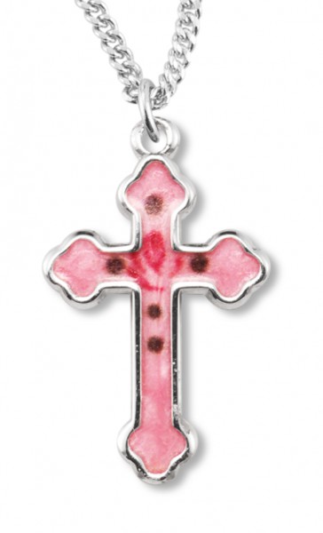 Women's Sterling Silver Pink Enamel Cross Necklace with Floral Design with Chain Options - 18" 2.2mm Stainless Steel Chain + Clasp