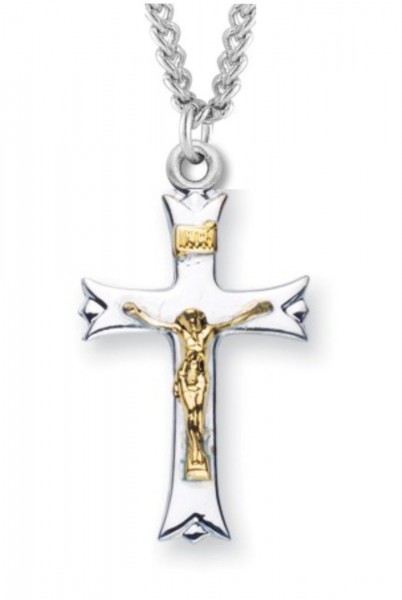 Crucifix Necklace Fancy Tip Two Tone, Sterling Silver with Chain - 18" 2.2mm Stainless Steel Chain + Clasp