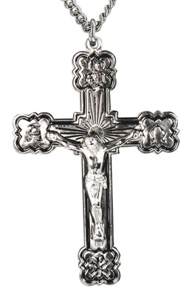 Men's Polished Sterling Silver Alpha Omega Chi Rho Crucifix Pendant with Chain Options - 24" 3mm Stainless Steel Endless Chain