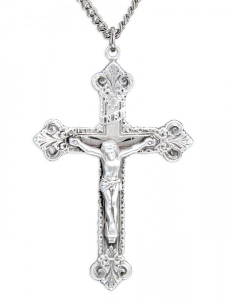 Men's Sterling Silver Budded Edge Crucifix Pendant with Chain Options - 24" 3mm Stainless Steel Endless Chain