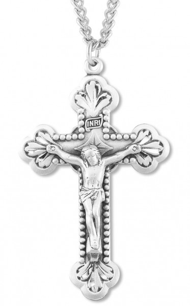Men's Sterling Silver Baroque Style Crucifix Necklace with Chain Options - 24" 3mm Stainless Steel Endless Chain