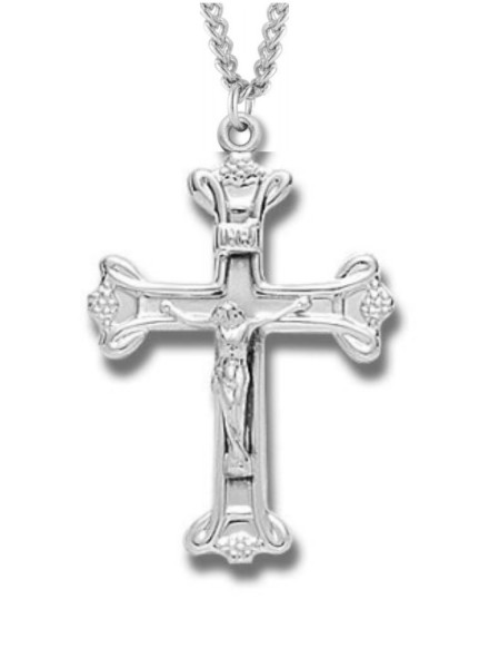 Women's Sterling Silver Polished Budded Crucifix Necklace with Chain - 20" 2.2mm Stainless Steel Chain with Clasp