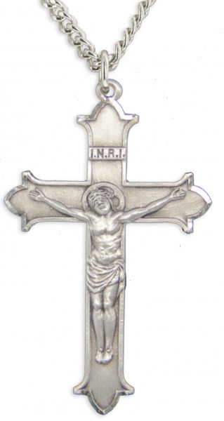 Men's Sterling Silver Matte Finished Pointy Edge Crucifix Pendant with Chain Options - 24" Sterling Silver Chain + Clasp
