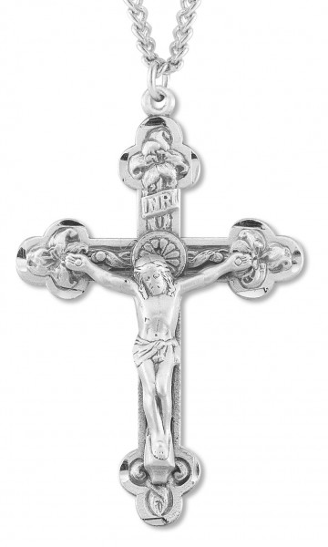 Men's Sterling Budded Edge Silver Crucifix Necklace with Chain Options - 24" Sterling Silver Chain + Clasp