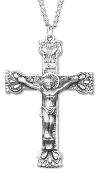 Men's Sterling Silver Crucifix Necklace with Crown Tips with Chain Options - 24" Sterling Silver Chain + Clasp