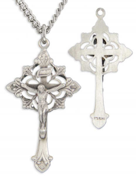 Men's Sterling Silver Fancy Crucifix Necklace Fleur-de-lis Points with Chain Options - 20" 2.2mm Stainless Steel Chain with Clasp