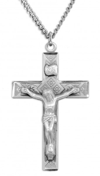 Men's Large Sterling Silver Diamond Etched Crucifix Necklace with Chain Options - 20" 2.2mm Stainless Steel Chain with Clasp