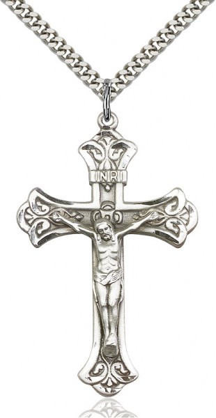 Crucifix Pendant, Sterling Silver - 24" 2.2mm Sterling Silver Chain + Clasp