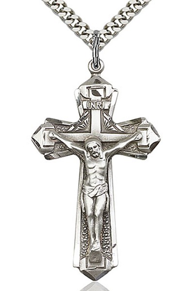 Crucifix Pendant, Sterling Silver - 24" 2.4mm Rhodium Plate Endless Chain