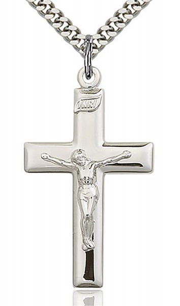 Crucifix Pendant, Sterling Silver - 24" 2.4mm Rhodium Plate Endless Chain