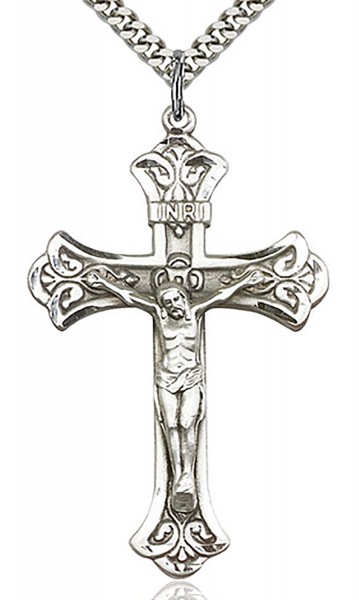 Crucifix Pendant, Sterling Silver - 24" 2.4mm Rhodium Plate Chain + Clasp