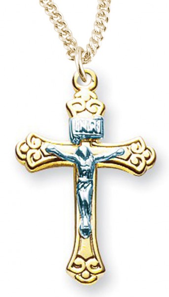 Women's 14kt Gold Over Sterling Silver Two-tone Wide Fleur De Lis Tip Crucifix + 18 Inch Gold Plated Chain &amp; Clasp - Two-Tone
