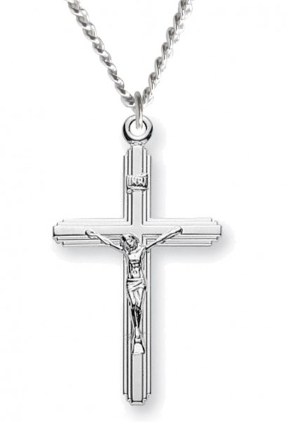 Crucifix with Cross on Cross Necklace, Sterling Silver with Chain - 18" 1.2mm Sterling Silver Chain + Clasp