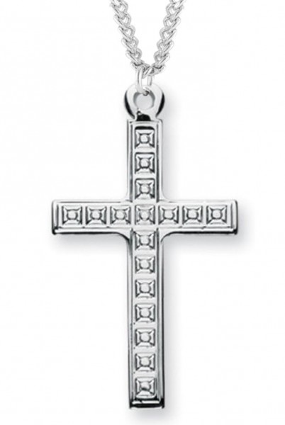 Men's Sterling Silver Cross Necklace with Cubed Etching with Chain Options - 24" 3mm Stainless Steel Chain + Clasp