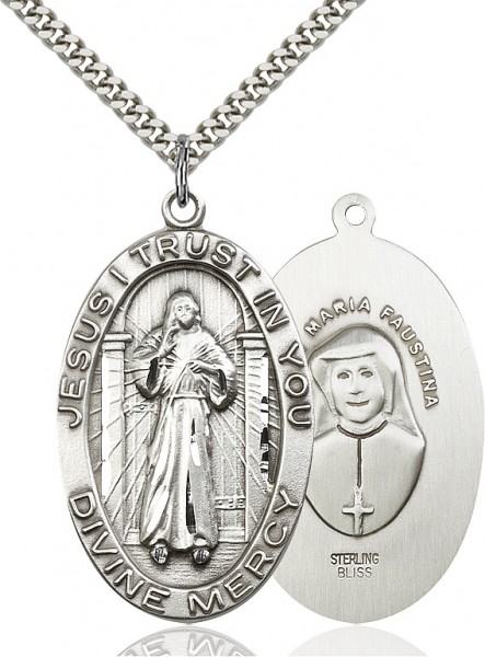 Divine Mercy Medal, Sterling Silver - 24" 2.2mm Sterling Silver Chain + Clasp
