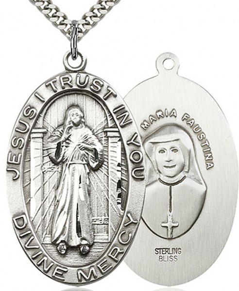Divine Mercy Medal, Sterling Silver - 24" 2.4mm Rhodium Plate Chain + Clasp