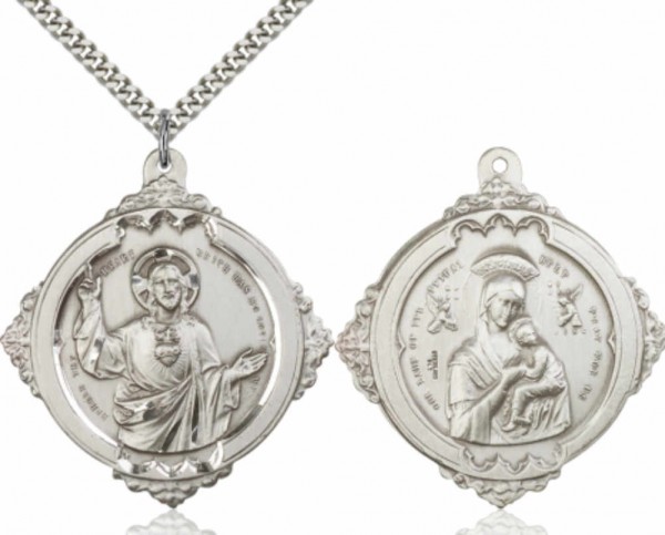 Double-Sided Pewter Sacred Heart of Jesus Necklace - 24" 2.4mm Rhodium Plate Endless Chain