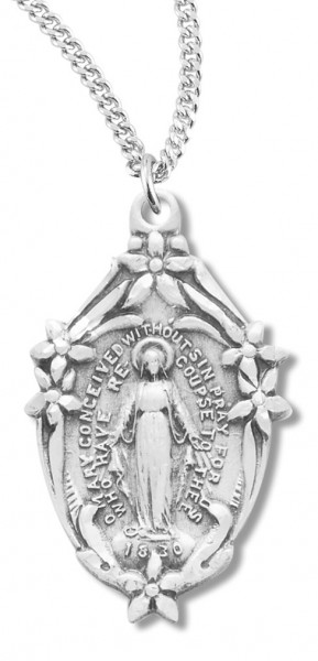 Women's Flower Accent Miraculous Necklace Oval, Sterling Silver with Chain Options - 18" 1.8mm Sterling Silver Chain + Clasp