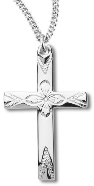 Women's Flower Etched Center High Polish Cross Necklace, Sterling Silver with Chain Options - 18" 1.8mm Sterling Silver Chain + Clasp
