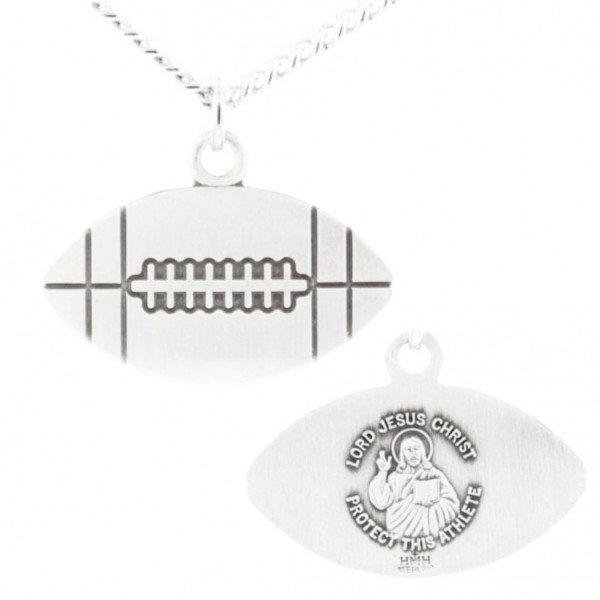 Football Shape Necklace with Jesus Figure Back in Sterling Silver - 24" 3mm Stainless Steel Endless Chain