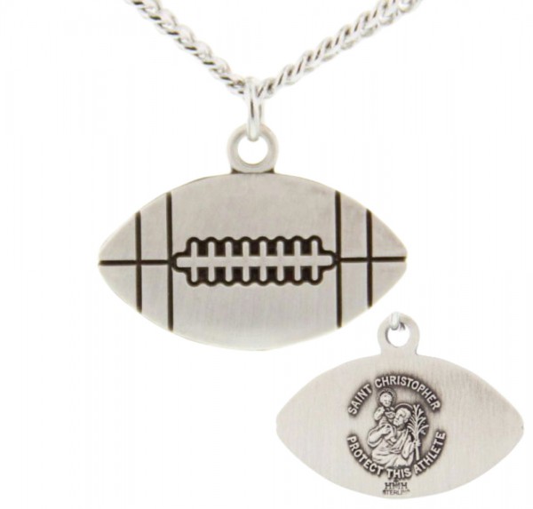Football Shaped Necklace with Saint Christopher Back in Sterling Silver - 24" Sterling Silver Chain + Clasp