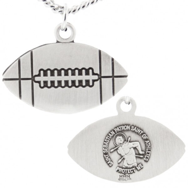 Football Shaped Necklace with Saint Sebastian Back in Sterling Silver - 24" 3mm Stainless Steel Endless Chain