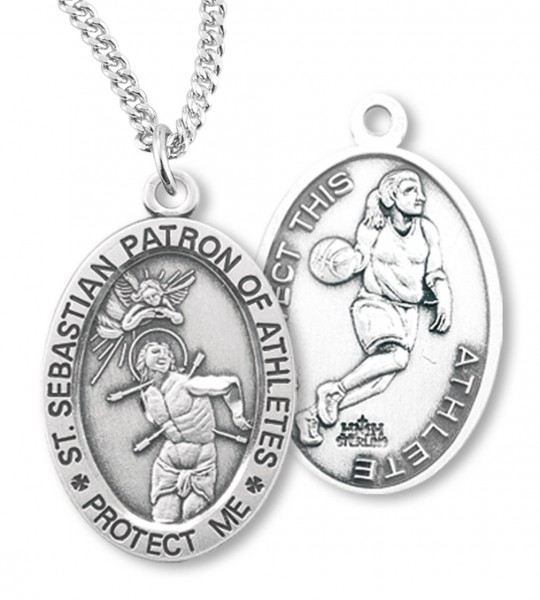 Girl's Oval Double-Sided Basketball Necklace with Saint Sebastian Back in Sterling Silver - 18" 2.2mm Stainless Steel Chain + Clasp
