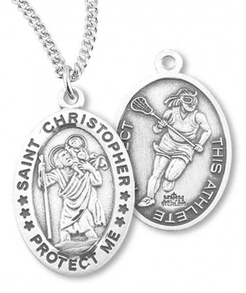 Girl's Oval Double-Sided Lacrosse Necklace with Saint Christopher in Sterling Silver - 20" 2.2mm Stainless Steel Chain with Clasp