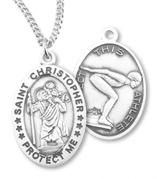 Girl's Oval Double-Sided Swimming Necklace with Saint Christopher in Sterling Silver - 18" 2.2mm Stainless Steel Chain + Clasp