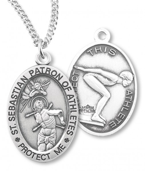 Girl's Oval Double-Sided Swimming Necklace with Saint Sebastian Back in Sterling Silver - 18" 1.8mm Sterling Silver Chain + Clasp