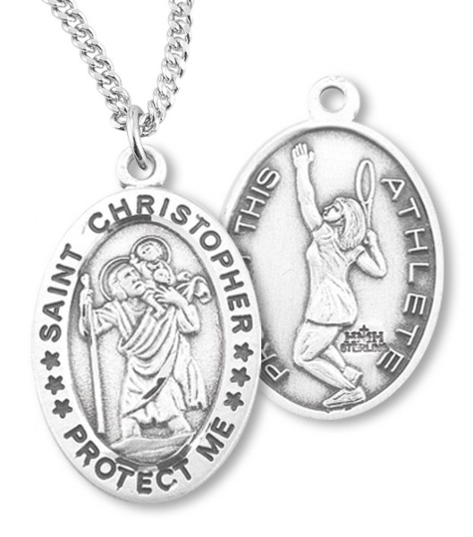 Girl's Oval Double-Sided Tennis Necklace with Saint Christopher Sterling Silver - 18" 2.2mm Stainless Steel Chain + Clasp