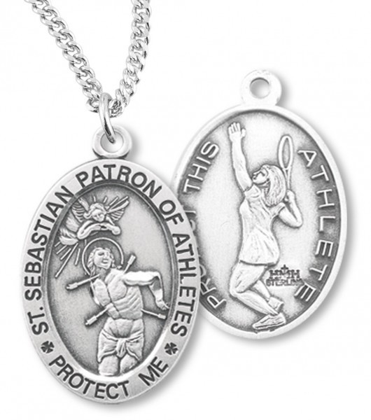 Girl's Oval Double-Sided Tennis Necklace with Saint Sebastian Back in Sterling Silver - 20" 2.2mm Stainless Steel Chain with Clasp