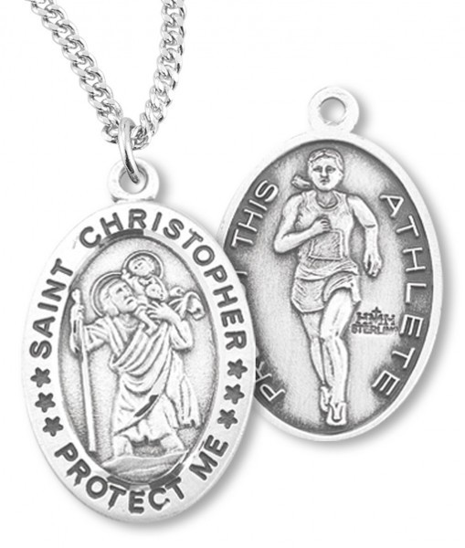 Girl's Oval Double-Sided Track Necklace with Saint Christopher in Sterling Silver - 18" 1.8mm Sterling Silver Chain + Clasp