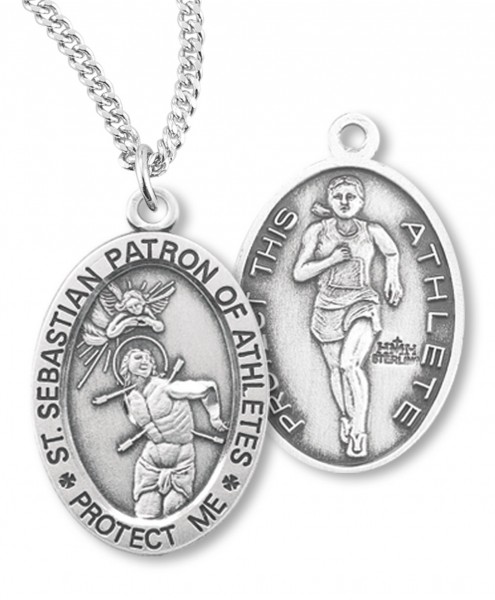 Girl's Oval Double-Sided Track Necklace with Saint Sebastian Back in Sterling Silver - 18" 2.2mm Stainless Steel Chain + Clasp