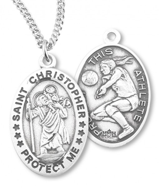 Girl's Oval Double-Sided Volleyball Necklace with Saint Christopher in Sterling Silver - 20" 1.8mm Sterling Silver Chain + Clasp