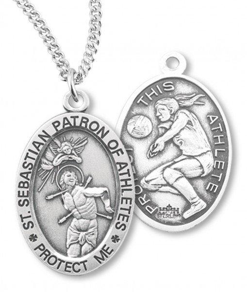 Girl's Oval Double-Sided Volleyball Necklace with Saint Sebastian Back in Sterling Silver - 18" 2.2mm Stainless Steel Chain + Clasp