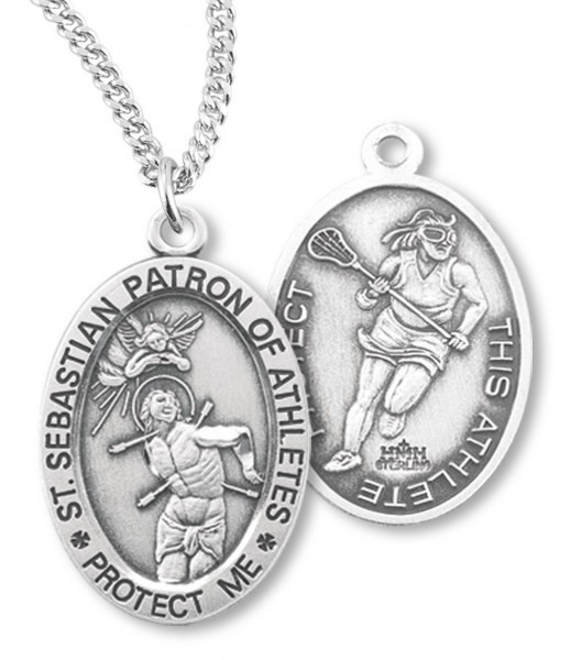 Girl's Oval Double-Sided Volleyball Necklace with Saint Sebastian Back in Sterling Silver - 20" 2.2mm Stainless Steel Chain with Clasp