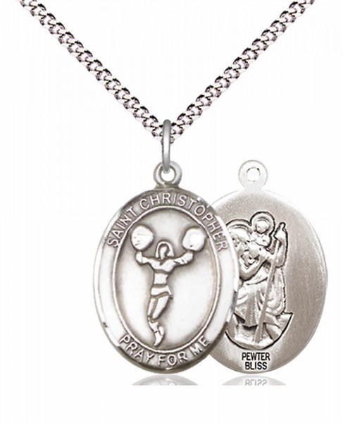Girl's Pewter Oval St. Christopher Cheerleading Medal - 18" Rhodium Plated Medium Chain + Clasp