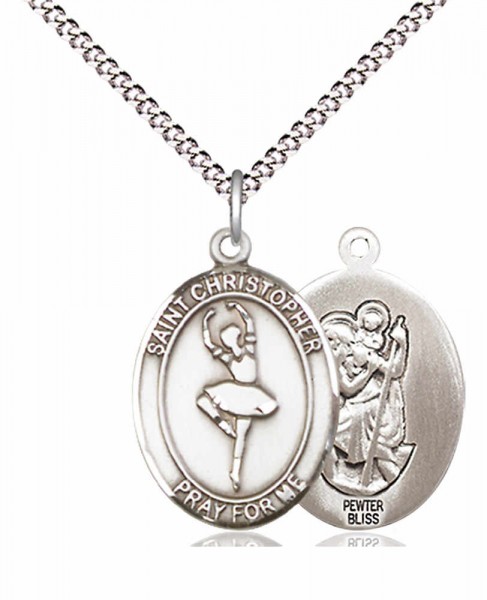 Girl's Pewter Oval St. Christopher Dance Medal - 18" Rhodium Plated Heavy Chain + Clasp
