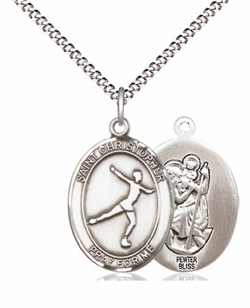 Girl's Pewter Oval St. Christopher Figure Skating Medal - 18" Rhodium Plated Heavy Chain + Clasp